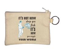 Portamonete con divertente portachiavi beige con scritta "It's Not How Deep You Fish It's How You Wiggle Your Worm"