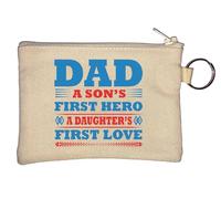 Portamonete con portachiavi blu e rosso con scritta "Dad A Son's First Hero A Daughter's First Love", beige