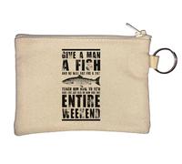Portamonete con portachiavi con scritta "Give A Man A Fish and He Will Eat for A Day", colore beige