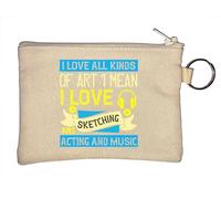 Portamonete con scritta "I Love All Kinds of Art", "I Mean, I Love Sketching and Acting and Music", colore: beige, Beige, Taglia unica