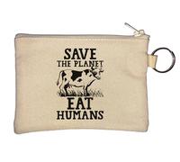 Portamonete con scritta "Save The Planet Eat Humans" con divertente mucca e scritta in lingua inglese "
