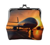 Portamonete con stampa di aeroplano al tramonto, con chiusura a bacio, piccola borsa vintage per uomo e donna, Nero , Taglia unica, Portamonete