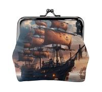 Portamonete con stampa di navi pirate fantasy, elegante, unico, carino, mini portafoglio con chiusura a bacio, impermeabile per monete