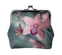 Portamonete con stampa primaverile morbida e fresca con orchidea, fiore e farfalla, portamonete portatile in fibra di pelle, mini portamonete da donna, Nero , Taglia unica, Portamonete