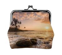 Portamonete con stampa tramonto sulla spiaggia, per uomo e donna, in pelle, con chiusura a bacio, piccolo portamonete