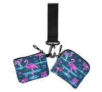 Portamonete da donna con fenicottero fluo estivo blu navy, porta carte di credito, organizer minimalista, con portachiavi, per uso quotidiano, confezione da 2, Estate neon Flamingo onda blu navy, 1
