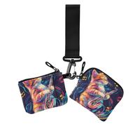 Portamonete da donna con motivo gatto e musica, colore blu, porta carte di credito, porta biglietti da visita, organizer per denaro con cinturino da polso, per donna, confezione da 2
