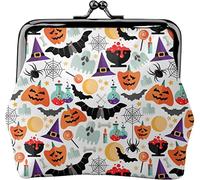 Portamonete da donna in pelle con sfondo di Halloween con icone piatte, piccolo portamonete con chiusura Kiss-Lock Portafoglio con fibbia per regalo per ragazza