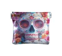 Portamonete da donna in pelle con teschio e fiori morti, colore bianco, Cartone animato bianco di teschio fiore morto, 1 size, Stampa artistica