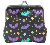 Portamonete da donna in pelle nera con pipistrelli colorati e carino, con chiusura a bacio, per ragazze, 11,5 x 10,5 cm