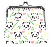 Portamonete da donna in pelle personalizzata, con simpatici facce di panda, con fibbia di bloccaggio, bianco e carino viso panda classico., Volti di Panda Carini Bianchi, Classico.