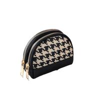 Portamonete da donna in tessuto pied de poule ricami doppi strati borsa con cerniera porta carte in pelle mini portafoglio chiave, Nero-doppia cerniera, Taglia unica