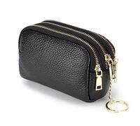 Portamonete da donna in vera pelle di vacchetta con dimensioni perfette per la mano Mini portafoglio classico con 3 scomparti separati con cerniera, pratico portachiavi