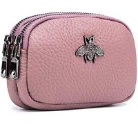 Portamonete da donna in vera pelle - Doppia cerniera Bee Change Pouch Portafoglio Porta carte Portamonete Mini Semplice portamonete carino Regalo per Compleanno (Rosa)