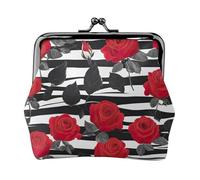 Portamonete da donna leggero con stampa a righe bianche e nere con rose rosse, squisite, impermeabili, piccolo sacchetto per monete e carte