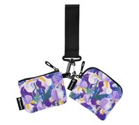 Portamonete da donna viola e bianco con fiori di iris dipinti a olio, mini porta carte di credito, organizer con tasca con cerniera, per donne e ragazze, 2 pezzi, Pittura a olio di fiori di iris viola