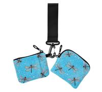 Portamonete doppio blu glitterato con libellula, porta carte di credito, grande capacità, con cerniera, portamonete con portachiavi, per uso quotidiano, 2 pezzi, Falso Glitter cartone animato