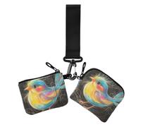 Portamonete doppio con uccellino dipinto artistico, porta carte di credito, piccolo porta carte portatile con tasca con cerniera per lavoro e viaggi, 2 pezzi, Uccello pittura d'arte, 1 size, Stampa