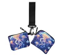 Portamonete doppio porta carte di credito con meduse in stile cartone animato Un fiume blu, portafoglio sottile portatile con tasca con cerniera per donna 2 pezzi, cartone animato, medusa, uno, fiume