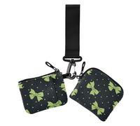Portamonete doppio verde in stile Ins con fiocco, porta carte di credito, portamonete sottile portatile, con tasca portamonete con cerniera, per donne, confezione da 2, Fiocco verde in stile ins, 1