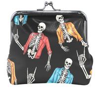 Portamonete e astucci in pelle stampata, graziosi scheletri con lucchetto a bacio, gesto rock, portamonete piccolo, 4,53" x 4,13"