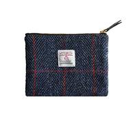Portamonete Harris Tweed fatto a mano per rossetti, vintage, con porta carte di credito e documenti d'identità, con cerniera YKK, per donne e uomini, Blu scuro, Large, Plaid artistico
