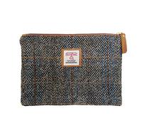 Portamonete Harris Tweed fatto a mano per rossetti, vintage, con porta carte di credito e documenti d'identità, con cerniera YKK, per donne e uomini, Grigio e marrone., Large, Plaid artistico