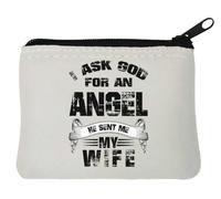 Portamonete in neoprene con scritta "I Ask God for an Angel He Sent Me My Wife", 10 x 11 cm, bianco, bianco, Taglia unica