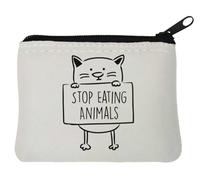 Portamonete in neoprene con scritta "Stop Eating Animals Cat Sketch", 10 x 11 cm, colore: Bianco