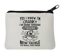 Portamonete in neoprene con scritta "Yes I Know I'm Cranky I'm Going Through Fishing Withdrawal", 10 x 11 cm, colore: bianco
