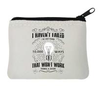 Portamonete in neoprene "I Haven't Failed I've Just Found 10000 Ways That Don't Work Thomas Edison", 10 x 11 cm, bianco