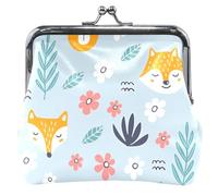 Portamonete in pelle blu con volpi floreali personalizzate per donne e ragazze con fibbia con chiusura a bacio portamonete, Volpi Floreali Blu, OneSize