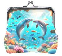 Portamonete in pelle colorata per donne e ragazze, con chiusura a bacio, delfino, blu corallo, portamonete per monete, 11,5 x 10,5 cm