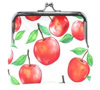 Portamonete in pelle con stampa animale, da donna, ragazza, con lucchetto a bacio, mele rosse ad acquerello e bianco, piccolo portamonete per ragazze
