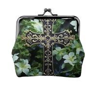 Portamonete in pelle da donna con chiusura a bacio, portafoglio nero croce tra fiori verdi, pochette mini portamonete
