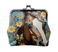 Portamonete in pelle da donna con chiusura a bacio, un cavallo con fiori e farfalle pochette mini portamonete