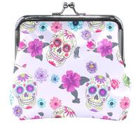 Portamonete in pelle da donna con fibbia a forma di bacio, portamonete con fiore e teschio, 11,5 x 10,5 cm