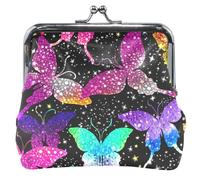 Portamonete in pelle nera con farfalle al neon per le donne carino bacio serratura fibbia cambio portafoglio, Farfalle Neon Nero, classico