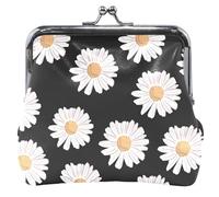 Portamonete in pelle nera con fibbia per donna e ragazza, motivo margherita bianca nera, classico, bianco margherita nera, classica., Bianco Margherita Nera, Classico.