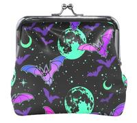 Portamonete in pelle per donne e ragazze, grazioso motivo floreale con chiusura a bacio, nero, pipistrello neon, taglia unica, Neon pipistrello, nero, Taglia unica, Classico