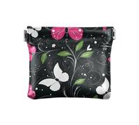 Portamonete in pelle PU con fiori di pesca e bianchi farfalla nera piccola portamonete portatile per carte di credito portachiavi per uomo donna viaggio, Fiore pesca e farfalla bianca nera,