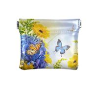 Portamonete in pelle PU con ortensie blu farfalla spremere portamonete con clip a scatto design primavera fiore mini portafoglio portamonete per monete, carte ed elementi essenziali, Multi, moderno
