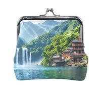 Portamonete marrone con animali del bosco, senza cerniera, portamonete in materiale riciclato per le donne, Cascata Paesaggio 2, Taglia unica, Cascata Paesaggio