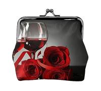 Portamonete per cani, portamonete in pelle per donne e uomini, piccolo portamonete personale, grazioso portamonete con chiusura a bacio, Bicchiere da vino con candela e rosa rossa, Taglia unica,