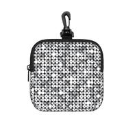 Portamonete quadrato con cerniera e motivo a paillettes argentate scintillanti, astuccio portaoggetti con fibbia a moschettone, portamonete