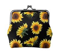 Portamonete stampato con fiori di girasole e piante nere e gialle per le donne borsa a portafoglio in pelle PU sacchetto di cambio Kiss-Lock Vintage Pouch, Girasole Fiori Piante Nero e Giallo, Taglia