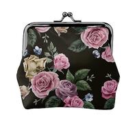 Portamonete stampato con fiori di girasole e piante nere e gialle per le donne borsa a portafoglio in pelle PU sacchetto di cambio Kiss-Lock Vintage Pouch, Black Blackgound Rose, Taglia unica, Vintage