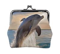 Portamonete stampato con fiori di loto bianco per le donne borsa portafoglio in pelle PU sacchetto di cambio Kiss-Lock Vintage Pouch, Divertente Delfino Animale, Taglia unica, Vintage