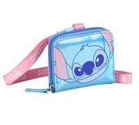 Portamonete Stitch con cinturino, motivo iridescente blu e rosa, chiusura a zip
