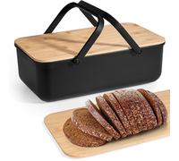Portapane Nero,Porta Pane Da Cucina, 38x21x13cm Con Coperchio Di Bambù E Tagliere,Contenitore Per Il Pane Con Manici,Capienza 8 L